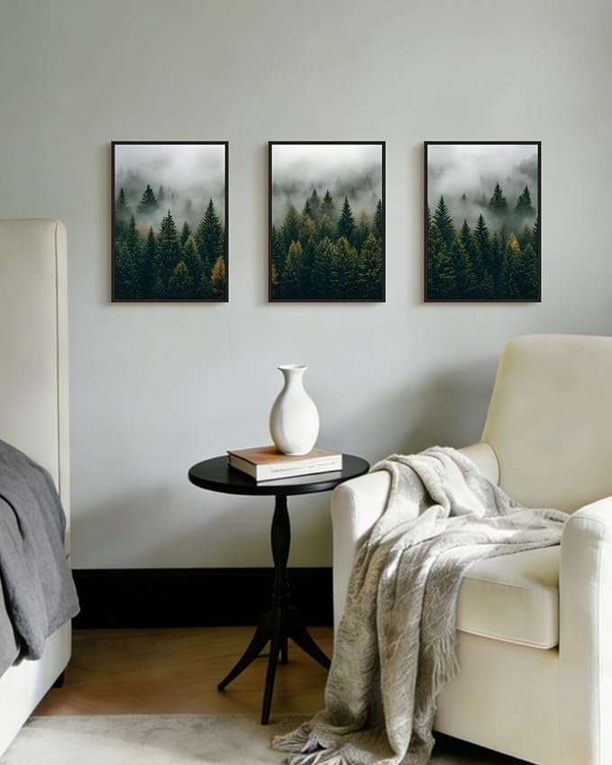 Drsoum Fog Pine Tree Landscape Wall Art Framed Nature Misty Nordic Forests Prints Morden Farmhouse Rustic Artwork Hallway Bathroom Ready to Hang 11x14in Black Framed
