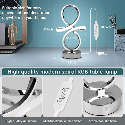 Modern RGB Table Lamps, LED Spiral Table Lamp, Silver Bedside Lamp with Remote&APP, Multicolor Changing Nightstand Lamp with Music Rhythm Modes for Bedroom, Living Room, Gaming Room, Christmas Gifts