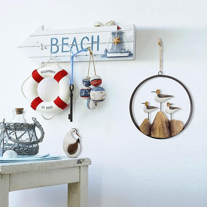 Aecipl Nautical Wood Wall Decoration Rustic Wooden Hanging Ocean Home Decor Hand Carved Beach Themed Ornament for Door (Round, A)