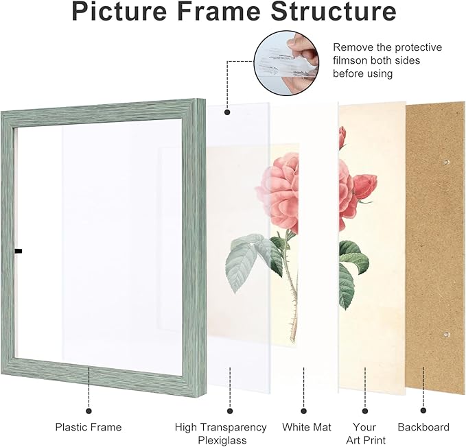 12x12 Picture Frame Set of 9, Display Pictures 8x8 with Mat or 12x12 without Mat, Multi Collage Gallery Square Photo Frames for Wall or Tabletop, Rustic Green