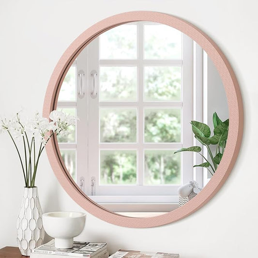 JJUUYOU Round Wall Mirror Circle Mirror Vintage Wood Frame Mounted Mirrors for Wall Bathroom Living Room Bedroom Dormitory Washroom Mirrors,Pink