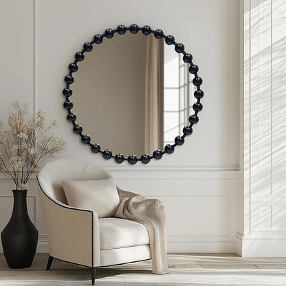 Round Black Mirror 28'', Spherical Frame Round Mirror for Living Room, Beaded Mirror for Bathroom, Dining Roon, Bed Room, Entryway