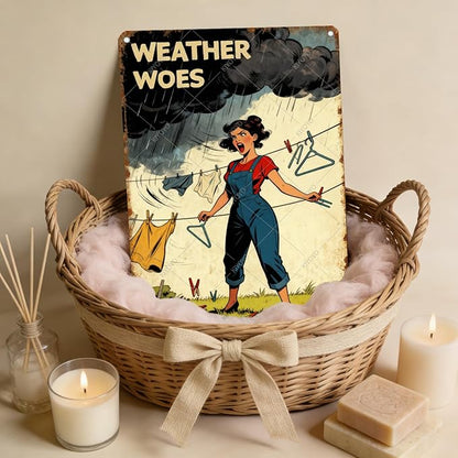 Weather Woes Laundry Tin Sign Vintage Metal Plaque Funny Sarcastic Retro Housewife Design Laundry Room Wall Art Kitchen Home Decor Rustic Farmhouse Gift 16x12 Inch