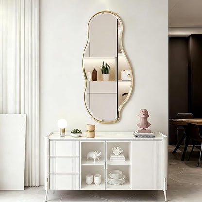 POZINO Irregular Beveled Mirror, 40"x18" Premium Asymmetrical Mirror with Gold Metal Frame, Modern Organic Wall Mirrors for Living Room Bathroom Bedroom Hallway Entryway, Horizontal/Vertical Hanging