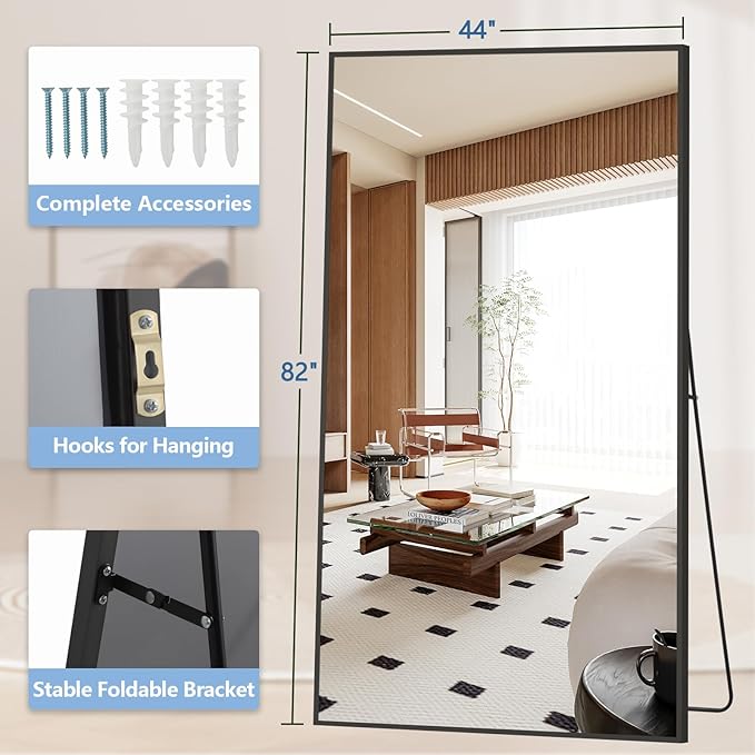 82"X44" Oversized Floor Mirror Full Length, Extra Large Standing Mirror for Gym Bedroom Living Room Clothing Store, Tempered Glass Black Full Length Body Mirror, Hanging or Wall Mounted