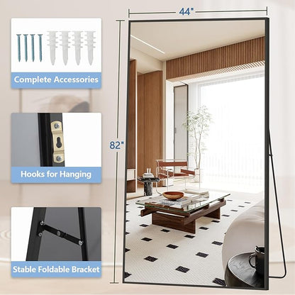 82"X44" Oversized Floor Mirror Full Length, Extra Large Standing Mirror for Gym Bedroom Living Room Clothing Store, Tempered Glass Black Full Length Body Mirror, Hanging or Wall Mounted