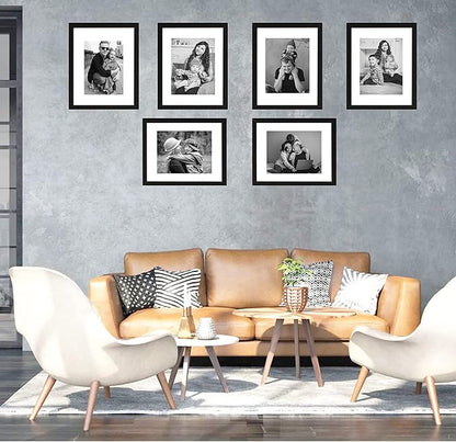 11x14 Picture Frame Rustic Black Wood Set of 6,Display Pictures 8x10 with Mat or 11x14 Without Mat,Multi Photo Frames Collage for Wall