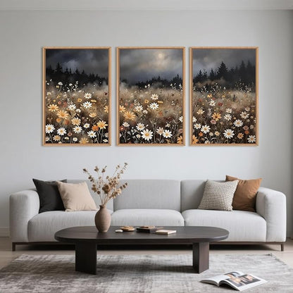 Moody Wildflower Framed Canvas Wall Art Set, Calming Nature Dark Floral Wall Decor, Boho Misty Forest Botanical Meadow Artwork Modern Landscape Print for Living Room,Bedroom-24 x36 x3
