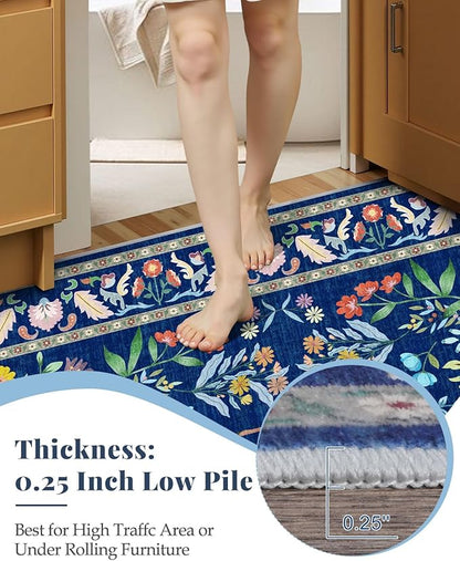 Lunasun 2x3 Washable Bathroom Rug, Small Throw Rugs for Kitchen, Powder Room, Front Door Indoor Entrance, Non Slip Low Pile Stain Resistant, Blue Colorful Floral Aethestic