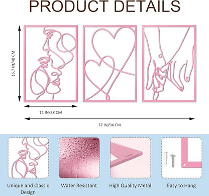 ESTART 3 Pieces Metal Minimalist Line Wall Art, Valentine's Day Lover Kiss Hand Metal Wall Decor, Aesthetic Modern Home Hanging Wall Art Decor for Bedroom Living Room (Pink)