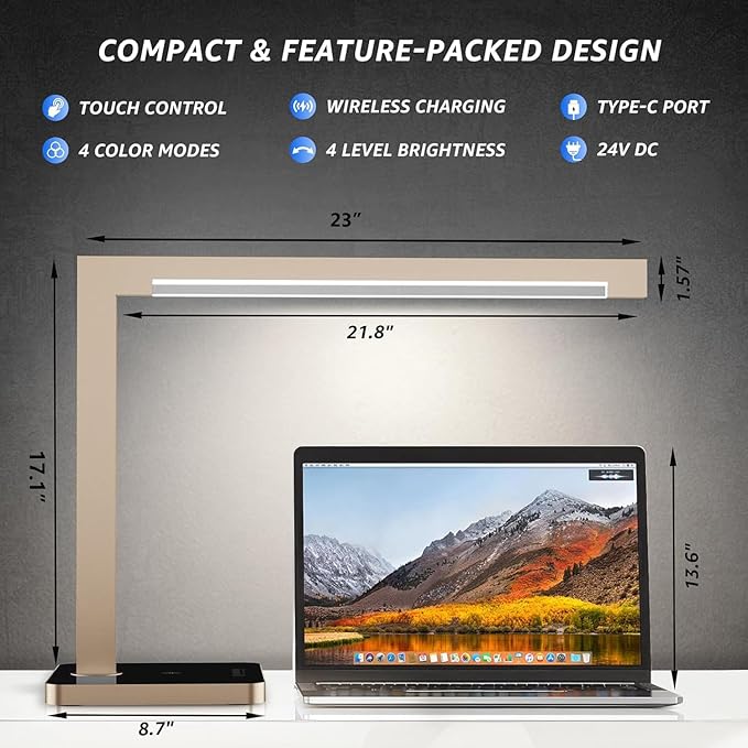 2 Pack Aluminum LED Desk Lamp with Charging Station, Large 15W Table Lamp with Type-C Ports & 4 CCT Modes(3000K-6000K), Dimmable Desk Light for Home Office,Bedroom (Includes Adapter)