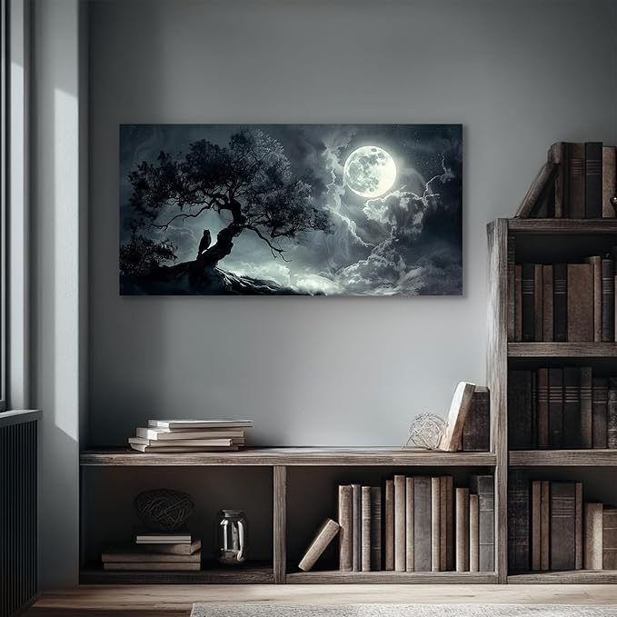 SERIMINO Large Wall Art for Living Room, Dark Landscape Canvas Prints Paintings, Moonlit Night Pictures Wall Decor Aesthetic, Moon and Tree Modern Home Decor Bedroom Bathroom Office Artwork 24"X48"