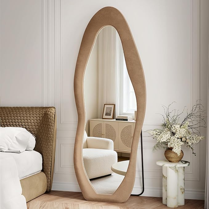 Full Length Mirror, 71"x30" Full Body Mirrors, Flannel Floor Mirrors with Stand, Irregular Wavy Mirror Hanging or Leaning Against Wall for Bedroom Living Room, Brown
