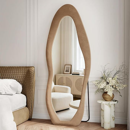 Full Length Mirror, 71"x30" Full Body Mirrors, Flannel Floor Mirrors with Stand, Irregular Wavy Mirror Hanging or Leaning Against Wall for Bedroom Living Room, Brown