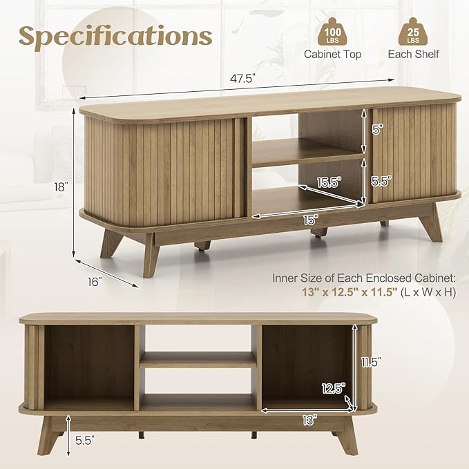 Tangkula Sliding Doors TV Stand for TV up to 55 Inch, Mid Century Modern TV Console Table, Television Cabinet w/ 2 Open Shelves & Sliding Doors, Home Media Entertainment Center for Living Room (Oak)