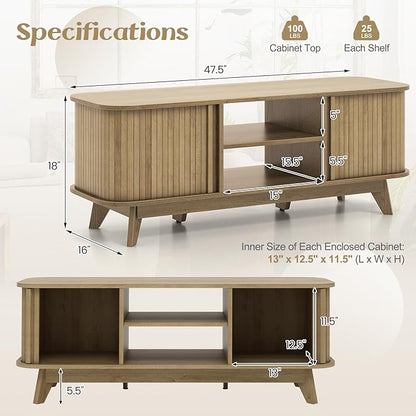 Tangkula Sliding Doors TV Stand for TV up to 55 Inch, Mid Century Modern TV Console Table, Television Cabinet w/ 2 Open Shelves & Sliding Doors, Home Media Entertainment Center for Living Room (Oak)