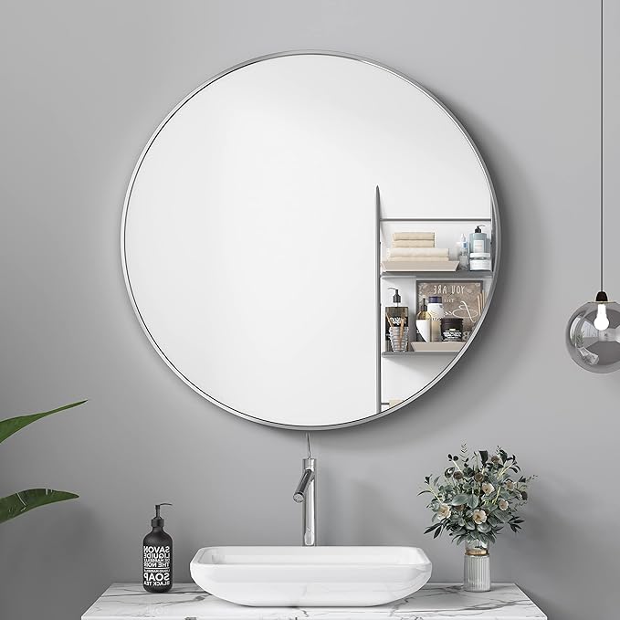 Itrue 36 Inch Round Wall Mirror, Brushed Silver Metal Frame Circle Bathroom Vanity Mirror, Silver-Backed HD Glass Decorative Mirror for Over Sink, Living Room, Bedroom, Entryway