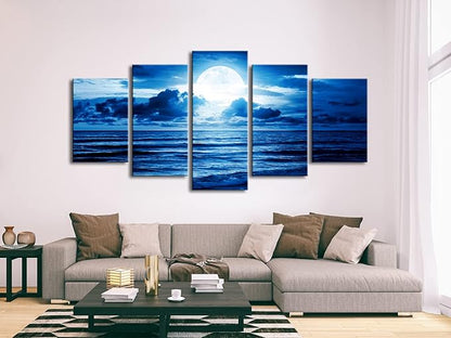 Pyradecor Extra Large Blue Clouds 5 Panels Moon Sea Beach Canvas Wall Art Modern Landscape Canvas Prints Pictures Artwork for Living Room Bedroom Home Decorations