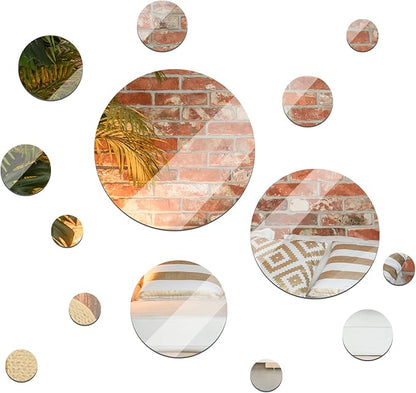 Jetec 15 Pcs Real Glass Round Mirror Tiles Frameless Wall Glass Tiles Round Wall-Mount Mirrors with Acrylic Double Sided Adhesive for Bedroom Bathroom Craft(2/3/4/6/8/10 Inch)