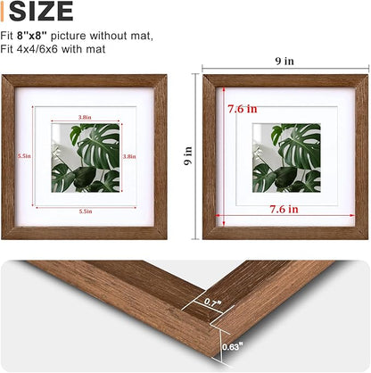 Egofine 8x8 Picture Frame Made of Solid Wood with Plexiglass, Display Pictures 4x4/6x6 with Mat or 8x8 Without Mat Set of 4 for Tabletop and Wall Mounting, Walnut Brown