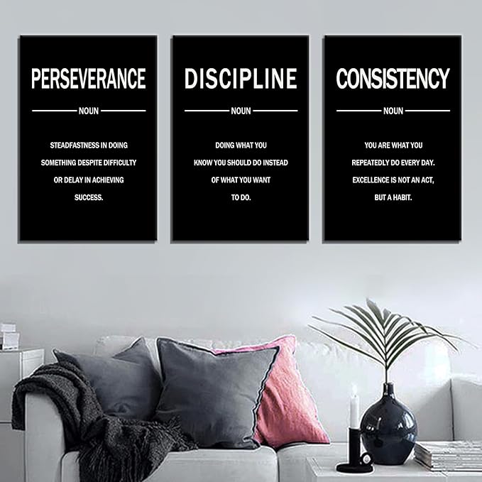 Perseverance Discipline Consistency Posters Inspirational Canvas Wall Art 3 Pieces Motivational Office Wall Decor Painting Artwork for Home Living Room Gym Stretched and Framed [48''W x 24''H]