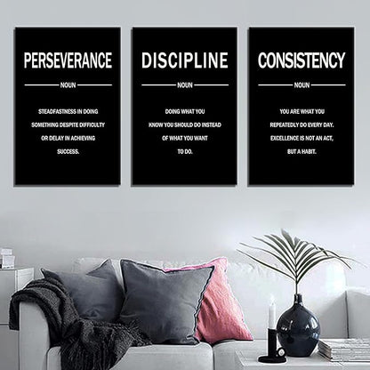 Perseverance Discipline Consistency Posters Inspirational Canvas Wall Art 3 Pieces Motivational Office Wall Decor Painting Artwork for Home Living Room Gym Stretched and Framed [48''W x 24''H]