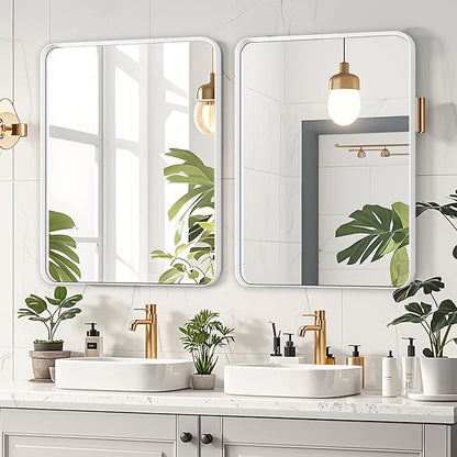 Fabuday Bathroom Mirror 40x30 Inch, White Wall Mirror for Over Sink with Brushed Metal Frame, Rectangular White Vanity Mirror for Decor, Horizontal or Vertical Hanging, Heavy-Duty Hooks