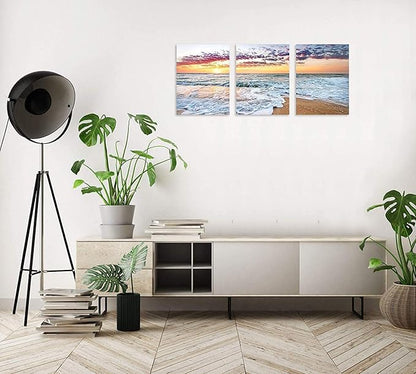 TutuBeer 3 Panels Beach Pictures Beach Canvas Wall Art White Ocean Sunrise with Deep Blue Sky Ocean Pictures Wall Decor Seascape Wall Art for Home Decor Ready to Hang 16" x 32" x 3