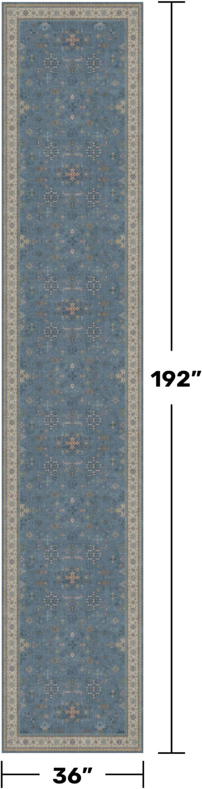Hazo Haus Neutral Blue Washable 3x16 Extra Long Hallway Runner Rug, Boho Washable Large Kitchen Floor Rug Indoor, Non-Slip Stain & Fade Resistant, Vintage Unique Floral Décor