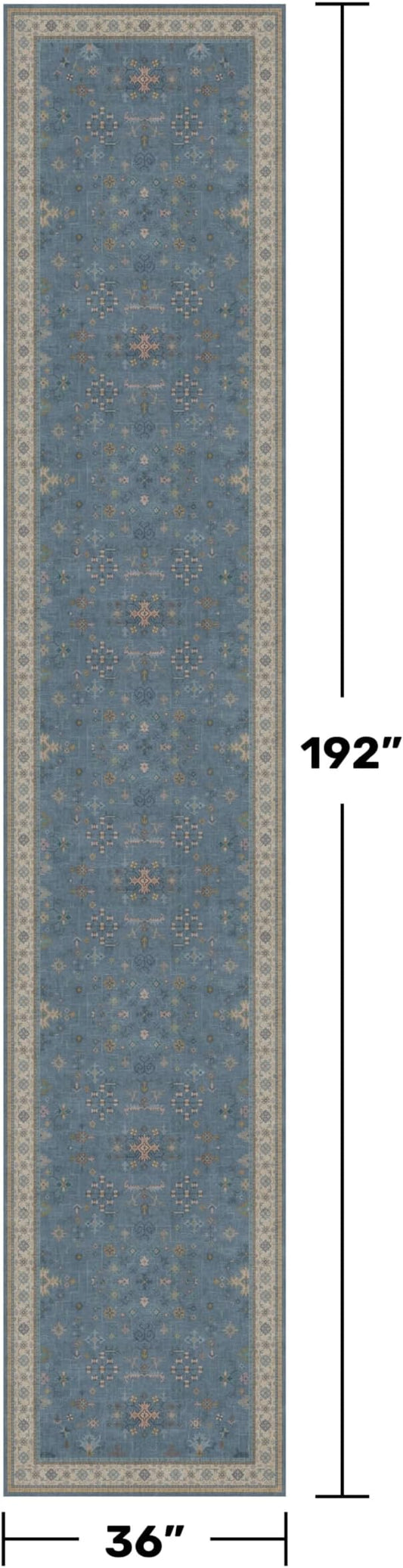 Hazo Haus Neutral Blue Washable 3x16 Extra Long Hallway Runner Rug, Boho Washable Large Kitchen Floor Rug Indoor, Non-Slip Stain & Fade Resistant, Vintage Unique Floral Décor