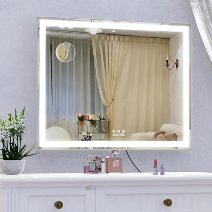 ANYHI Vanity Mirror with Lights, 28.3"x22.1" Tabletop Vanity Mirror with Lights and Stand, 3 Color Modes, 10X Magnification, Smart Touch Control, Wall Mount/Desk Mirror for Bedroom Makeup Room, Silver
