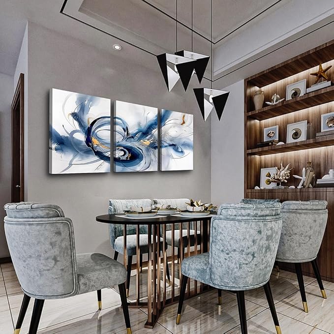 TTHYUEWS Abstract Wall Art For Living Room Canvas Wall Decor For Bedroom Office Decorations Minimalist Art Wall Pictures Blue Abstract Ink Wall Paintings Posters Modern Home Decor Artwork 3 Pieces