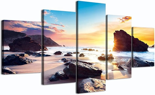 5 Piece Beach Sea Scene Wall Art for Bedroom Modern Home Decor HD Landscape Canvas Print Picture Bathroom Canvas Framed Wall Artwork Giclee Art Ready to Hang-60''W x 32''H