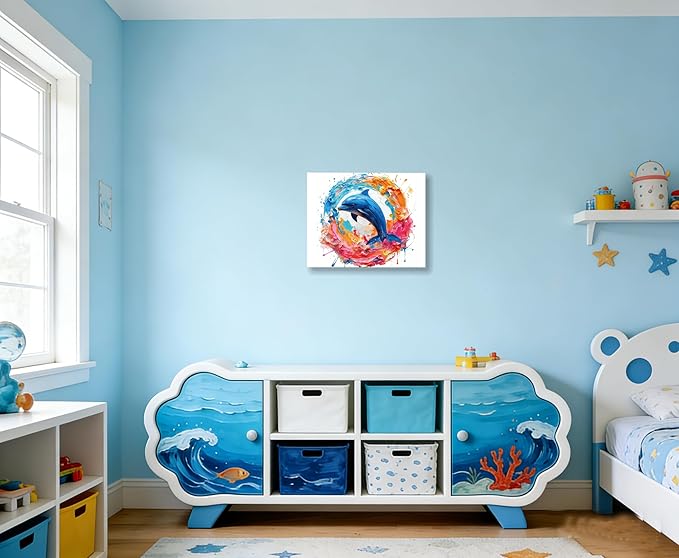 DUFIPOR Colorful Abstract Dolphin Poster Canvas Wall Art - Vibrant Modern Ocean Animal Painting Print - 12x16 Framed Graffiti Picture Decor for Teen Boy/Girl Kids/Child Bathroom Bedroom Living Room