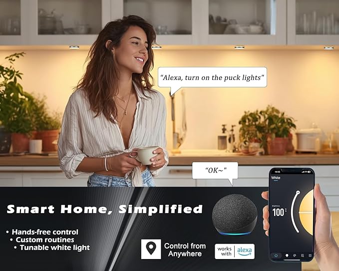 Cefrank Smart Puck Lights 6 Pack - [2700K-6000K Dimmable] WiFi Under Cabinet Lighting Kit, No Hub Alexa & Google Assistant Controlled, Easy Stick on Lights for Kitchen, Pantry, Closet & Safe