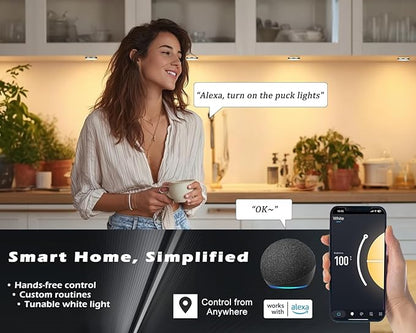 Cefrank Smart Puck Lights 6 Pack - [2700K-6000K Dimmable] WiFi Under Cabinet Lighting Kit, No Hub Alexa & Google Assistant Controlled, Easy Stick on Lights for Kitchen, Pantry, Closet & Safe