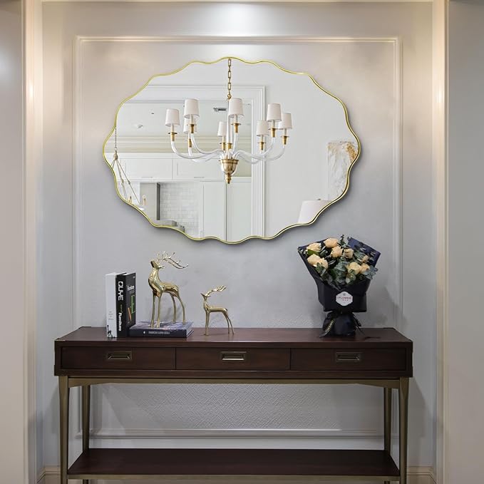 Scalloped Mirror, 35.5"x26" Oval Vanity Mirror for Over Sink, Gold Irregular Shaped Mirrors, Modern Wavy Round Mirrors for Living Room Bedroom Bathroom Hallway Entryway Fireplace