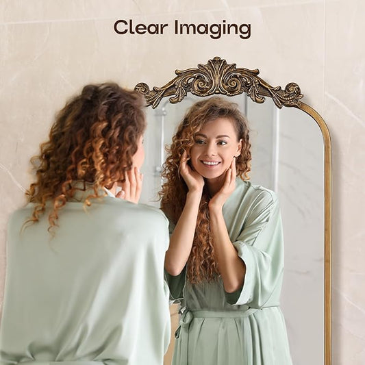USHOWER Gold Anthropologie Vintage Mirrors for Wall, 24" x 36" Antique Baroque Style with Ornate Frame, Arched Brass Decoration for Fireplace, Bathroom, Living Room, Entryway Remodel