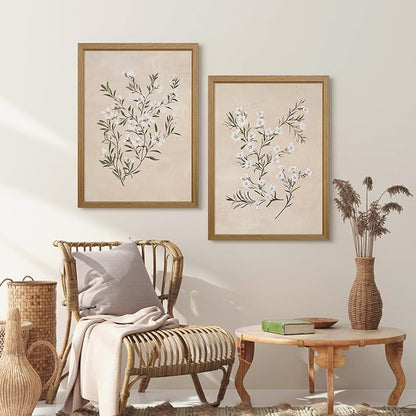 Vintage Botanical Wall Art Neutral Floral Prints Farmhouse Flower Canvas Wall Decor Watercolor Wildflower Pictures Nature Minimalist Artwork for Living Room Bedroom 24x36 Inch Wood Framed Set of 2