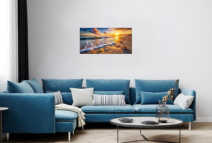 TutuBeer 1 Panel Beach Picture Beach Wall Art Blue Sea Sunset with Starfish Ocean Canvas Painting Sea Artwork for Walls Seascape the Pictures for Home Decor Wall Decor Ready to Hang 20x40inch