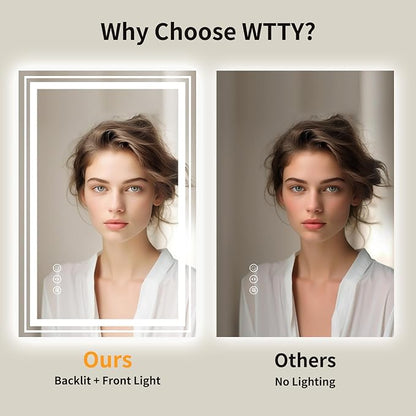 WTTY LED Bathroom Mirror with Backlit and Front Light,24"x32",Stepless Dimmable LED Mirror for Bathroom,Anti-Fog Lighted Bathroom Vanity Mirror Modern for Wall,Memory Function,Shatter-Proof