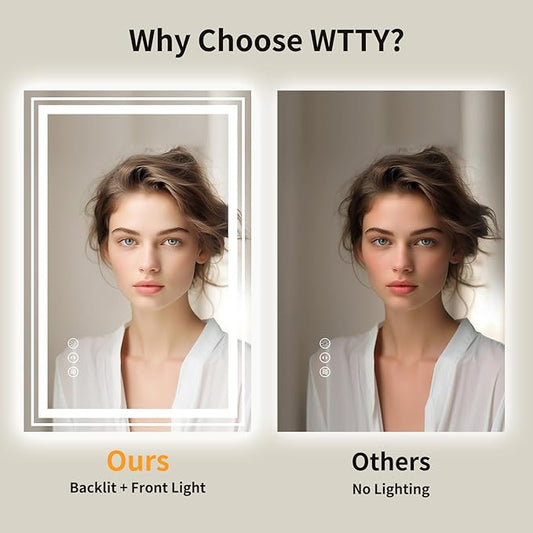 WTTY LED Bathroom Mirror with Backlit and Front Light,24"x32",Stepless Dimmable LED Mirror for Bathroom,Anti-Fog Lighted Bathroom Vanity Mirror Modern for Wall,Memory Function,Shatter-Proof
