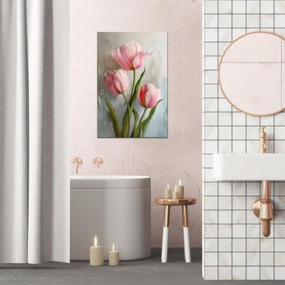 Pink Bathroom Decor Tulips Wall Art Flowers Pictures Modern Spring Floral Paintings Canvas Prints Artwork for Living Room Bedroom Home Decoration Framed