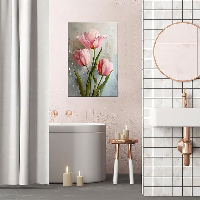 Tulips Pictures Wall Art for Bathroom Pink Flowers Modern Spring Floral Paintings Canvas Prints Artwork for Living Room Bedroom Home Decoration Framed
