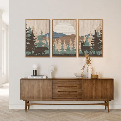 CHDITB Watercolor Woodland Bear Deer Wild Animals Framed Wall Art(Set of 3, 16”x24”), Retro Forest Mountain Sun Artwork Painting, Adventure Themed Nature Landscape Posters Print for Nursery Baby Boy