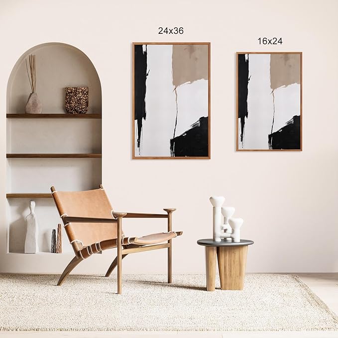 HLNIUC Large Abstract Neutral Framed Canvas Wall Art,Brown Brush Stroke Wall Decor,Minimalist Textured Block Artwork Set of 3(24x36),Modern Beige Black White Prints for Living Room,Bedroom,Office