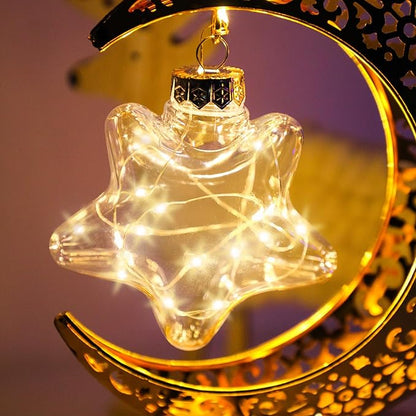 Gold Moon Table Night Light with Hanging Star Ramadan Decorative Lamp Battery Operated Suitable for Home Bedroom Shop Dining Table Holiday Party Eid Festival Decoration (Gmoon-WW-Star)