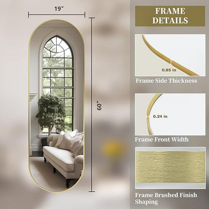 Oval Full Length Mirror, 60"×19" Wall-Mounted Mirror with Gold Frame in Shiny Gold, Ultra-Clear Explosion-Proof Dressing Mirror, Simple & Classic Deco for Cloakroom/Bedroom/Living Room