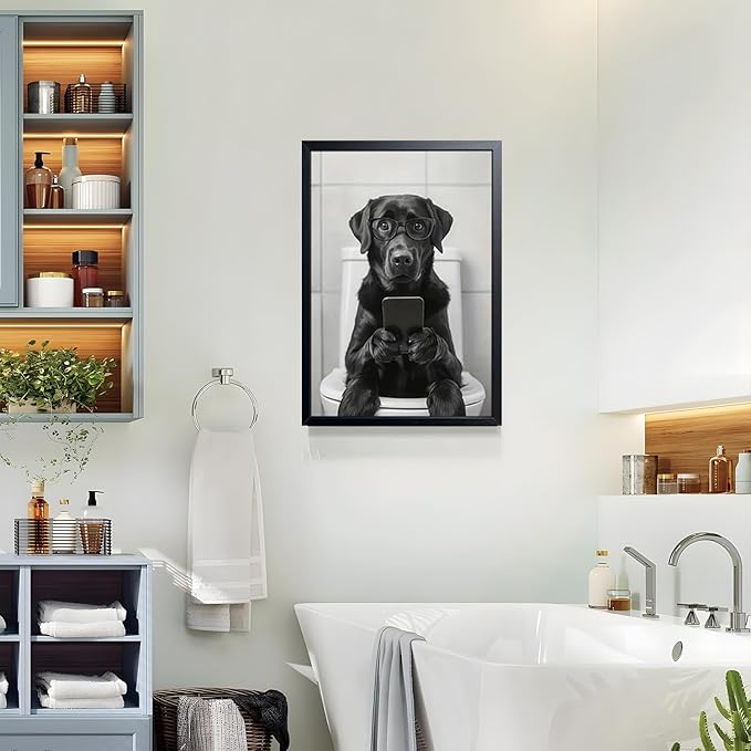 Black and White Bathroom Wall Art, Funny Labrador Dog Canvas Prints Poster, Cute Animal Sitting on Toilet Looking at Phone Picture, Modern Farmhouse Restroom Bathroom Home Wall Decor 16x24 Inch Framed