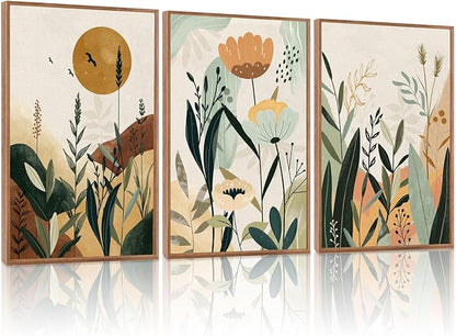 KAIRNE Neutral Floral Wall Art Set of 3,Framed Abstract Prints,Vintage Colorful Flower Canvas,Boho Botanical Artwork,Minimalist Farmhouse Decor for Living Room Bedroom Kitchen Office,16X24 inch